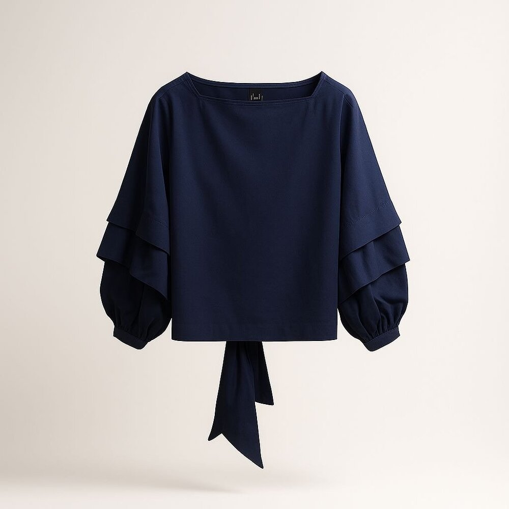 Max Jeans Tiered Balloon Puff Sleeve Blouse Womens XS Navy Cotton Tie-Back Top